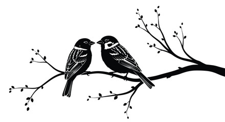 Two small birds perched on a tree branch silhouetted against a white background.