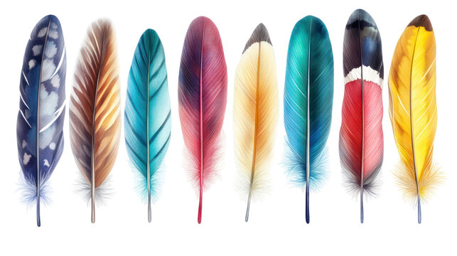 Collection of colorful bird feathers isolated on transparent background