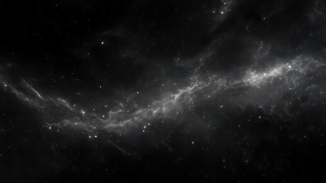 A grayscale depiction of a nebulous space scene with stars and ethereal gas formations