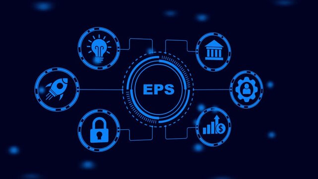 EPS Earnings Per Share Financial Metric Icons Connected to Central Hub on Dark Blue Background finance