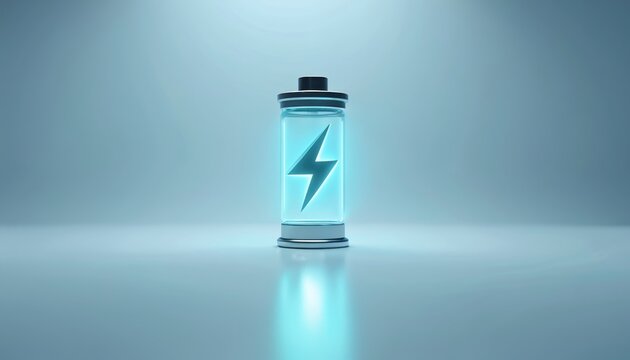 Glowing battery icon with full power charge. 3D rendering of electric battery with lightning bolt symbol inside. Modern energy storage concept. Blue neon light effect. Futuristic illustration of