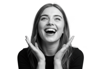 Joyful young woman laughing with hands raised in black and white portrait transparent background