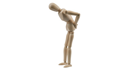 Isolated wooden mannequin bending over with back pain in standing position against backdrop