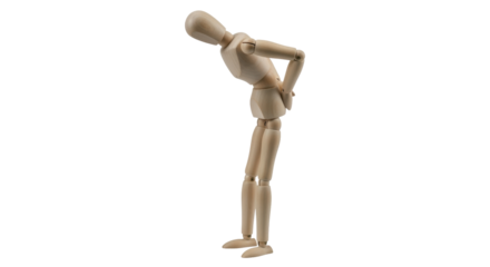 Isolated wooden mannequin bending over with back pain in standing position against backdrop