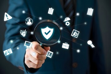 Man in suit holding magnifying glass over shield icon with various safety related icons around it