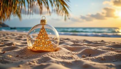 Festive Beach Sunset with Christmas Tree Ornament