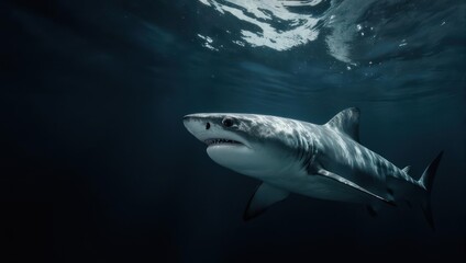 Fototapeta premium A great white shark swims powerfully in the ocean's depths, its form well-lit against the dark
