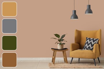 Armchair with cushion and houseplant on stool near beige wall in room. Different color patterns