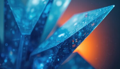Close-up of blue, orange glass geometric shapes. Sharp transparent blue glass triangles with water drops on surface. Blurred orange light in background. Abstract modern design elements. Geometric