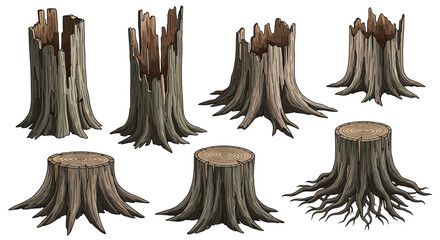 Collection of seven weathered and decaying tree stumps with visible roots and textured bark presented in a pixel art style.