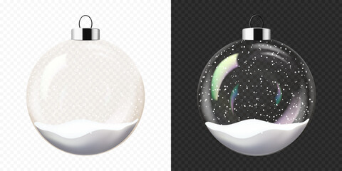 Christmas and New Year transparent glass ball with snow, isolated.	
