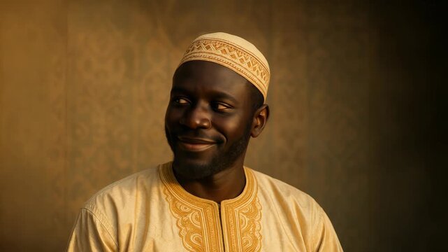 Portrait of a West African Muslim man from Senegal in a traditional embroidered boubou and kufi cap, rich dark skin, subtle smile, direct gaze into the camera. Ethnic background with soft patterns