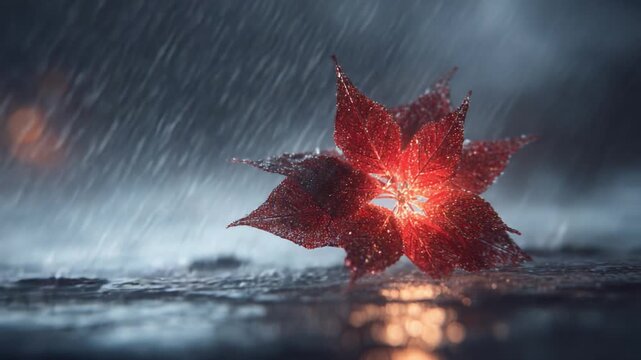 A mesmerizing display of a glistening red leaf, accentuated by raindrops and soft light, creating an enchanting atmosphere amidst the rain-soaked surroundings.