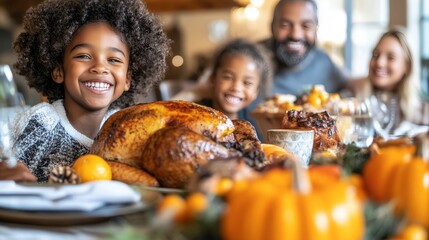 Joyful Family Celebration Around the Table with Delicious Roasted Turkey for Thanksgiving Dinner