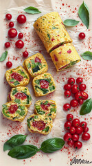 Delicious omelette rolls with fresh vegetables. A healthy, vibrant breakfast or snack.