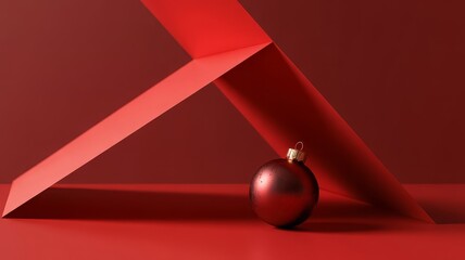 Minimalist burgundy ornament product shot with geometric shadows and modern studio lighting

