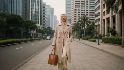 Muslim asian woman walking down a modern urban street, wearing a pastel trench coat, wide-leg pants, and a matching hijab, holding a leather tote bag. - Powered by Adobe