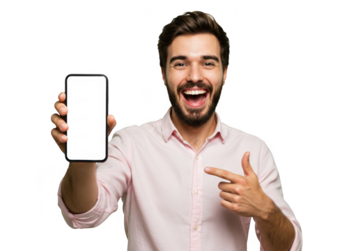 Excited man holding smartphone showing screen with a big smile and pointing transparent background