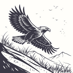 Majestic eagle soaring through the sky above a grassy hill and distant mountains with a flock of birds in the background