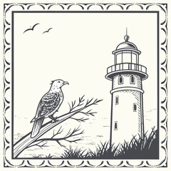 Vintage illustration of a majestic bird perched on a branch with a lighthouse and seagulls in the background framed by an ornate border © Bs