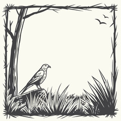 A solitary bird perches on a rock amidst tall grass and trees with two birds flying in the sky creating a rustic natural border