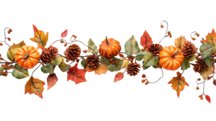 Autumn harvest garland with pumpkins and leaves isolated on transparent background