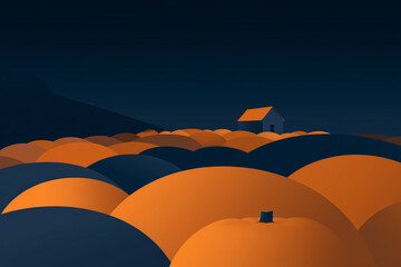 Illustration featuring a pumpkin farm in the Halloween style. 