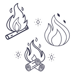 Collection of simple hand drawn line art illustrations of campfires with logs and flames surrounded by small sparkles and leaves on a white background