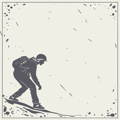 Silhouette of a snowboarder in action on a snowy slope with a textured background and distressed border elements