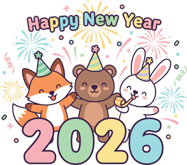Fototapeta premium Cute cartoon animals celebrating happy new year 2026 with fireworks