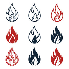 Collection of nine stylized flame icons in red and dark blue colors representing different styles of fire and heat energy symbols