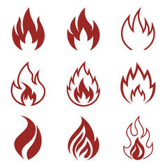 Collection of nine stylized red flame icons representing different styles of fire and heat energy in a simple graphic design