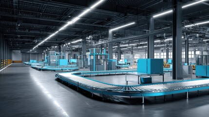 Fototapeta premium Modern Warehouse Interior with Automated Conveyor System and Bright Lighting in Industrial Space