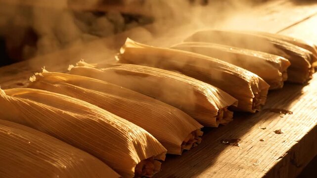 Cinematic Slow Pan of Hot Steaming Tamales Resting on a Rustic Wooden Table in Golden Light