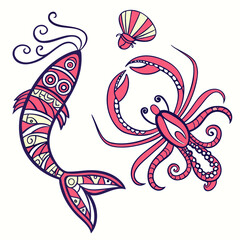Whimsical and stylized marine life illustration featuring a decorative fish a playful crab and a small seashell against a clean white background
