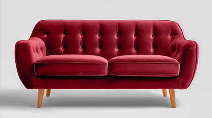 A luxurious maroon velvet sofa with tufted back and wooden tapered legs, stylish and cozy for modern living rooms.