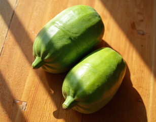 Two fresh green chayote vegetables rest on rustic wooden table. Bright sunlight casts long shadows across wood grain. Organic chuchu produce from Portugal ready for healthy vegan cooking, wholesome