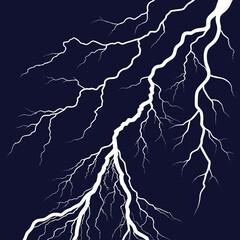 A dramatic white lightning bolt strikes across a dark navy blue background creating a powerful and energetic natural phenomenon illustration