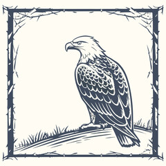 Majestic eagle perched on a grassy knoll within a thorny branch frame illustration