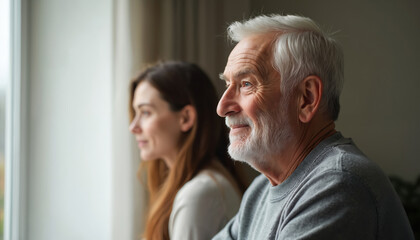 Fototapeta premium Elderly man with white hair and beard sits with young woman at home near window. Senior adult and caregiver relax together in cozy interior. Old man and female companion look outside.