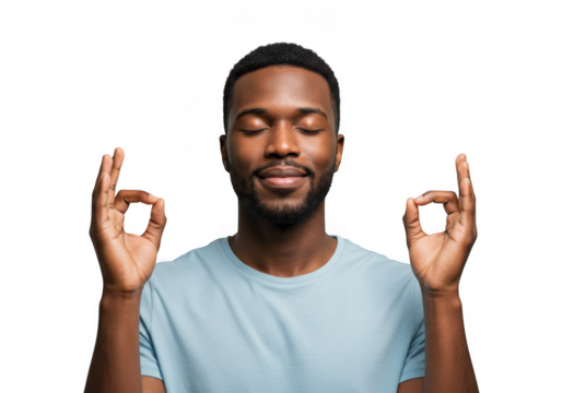 Man meditating with eyes closed isolated on transparent background
