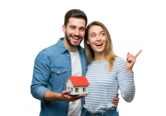 Couple holding a model house isolated on transparent background