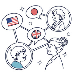 Diverse people communicating and connecting through different languages and flags in a stylized illustration representing global communication and understanding