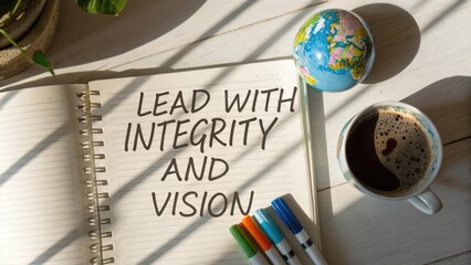 Inspiring Leadership Message with Coffee and Globe in Bright, Natural Light on Notebook for Motivation and Focus