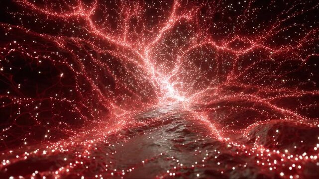 An Intricate Journey Through a Brilliant Web of Red Neural-Like Patterns, Illuminated by Twinkling Sparks and Surging Energy, Capturing the Essence of Dynamic Flow.