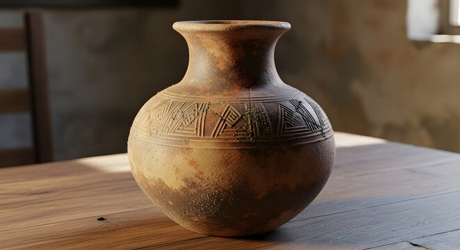 old clay jug , keramik jaman dulu diatas meja 