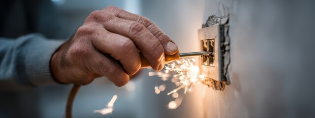 Dangerous Voltage: Electrician's hand touching a socket, causing bright sparks and an electric arc. Dramatic close-up