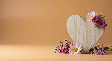 Wooden heart with flowers on peach background for decoration  