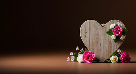 Wooden heart with pink roses and white flowers on brown background  