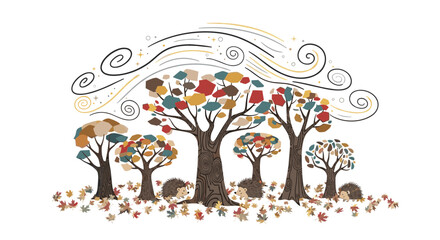 Whimsical autumn trees adorned with colorful leaves and playful hedgehogs celebrating the changing season.